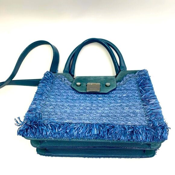 Auth Jimmy Choo Rebel Tote Raffia Suede Blue Dusk Front Clasp Handbag Preloved - Picture 10 of 14